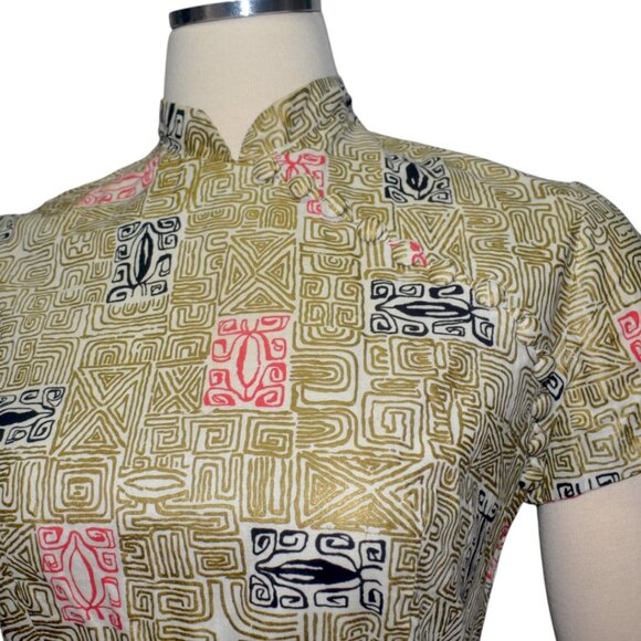 Vintage 50s 1950s Cheongsam Style Wiggle Dress Metallic Gold Intricate Print S M - Picture 2 of 9